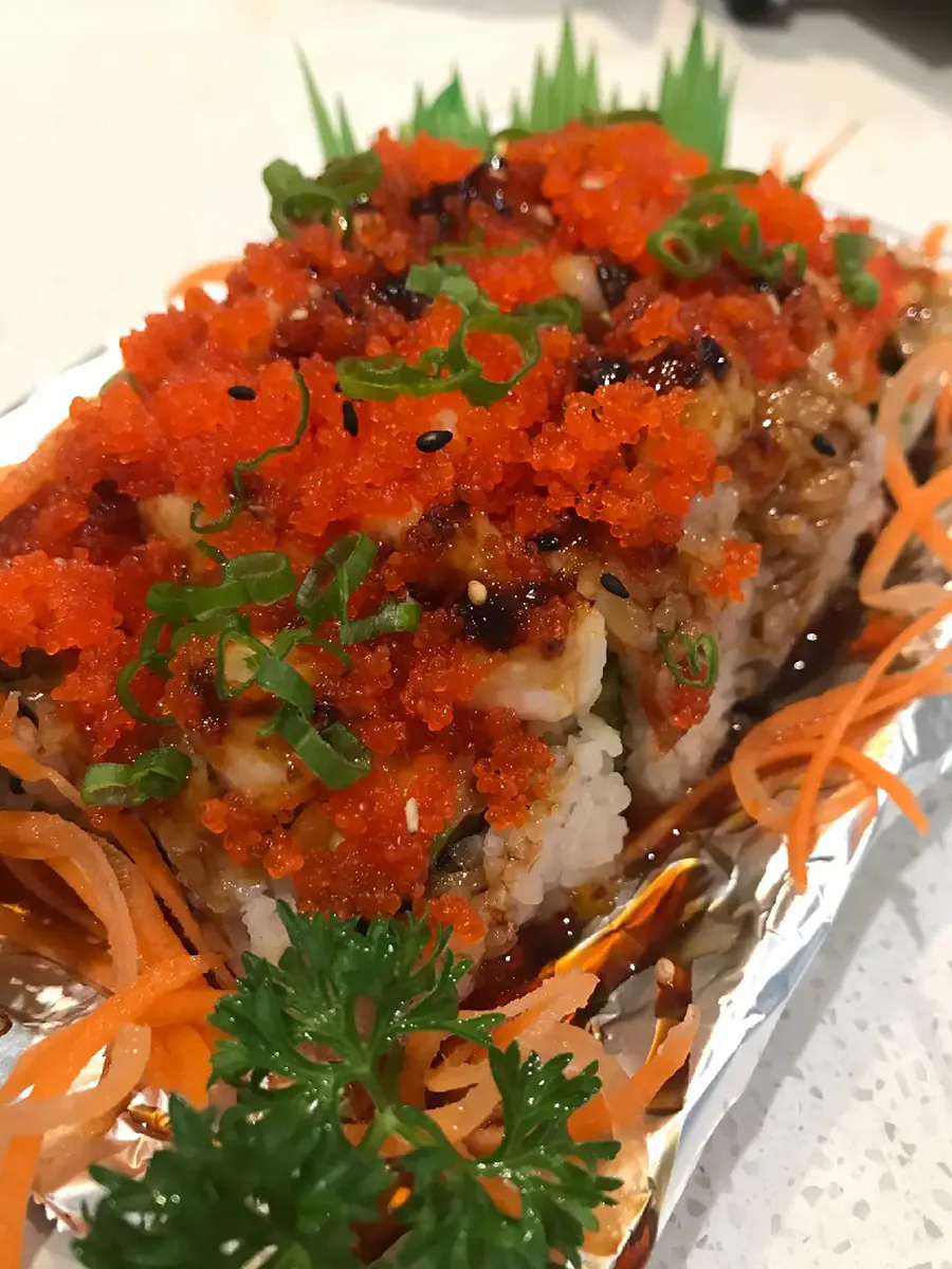 Tobiko-Topped Sushi Roll at Poke Kitchen，a Poke Bowl and Sushi Restaurant in San Leandro